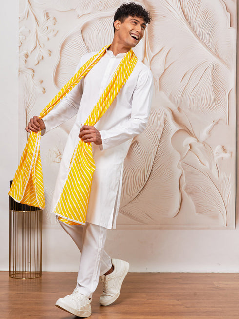 Men's White Cotton Kurta,Pyjama And Dupatta Set